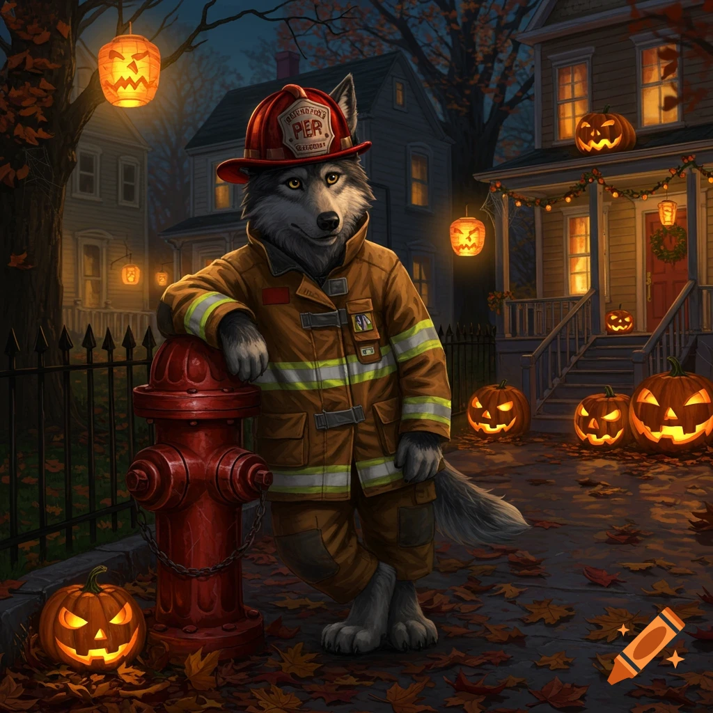 A gray wolf in a fireman's uniform leans on a red fire hydrant on a Halloween night street, surrounded by glowing jack-o'-lanterns and fallen leaves.