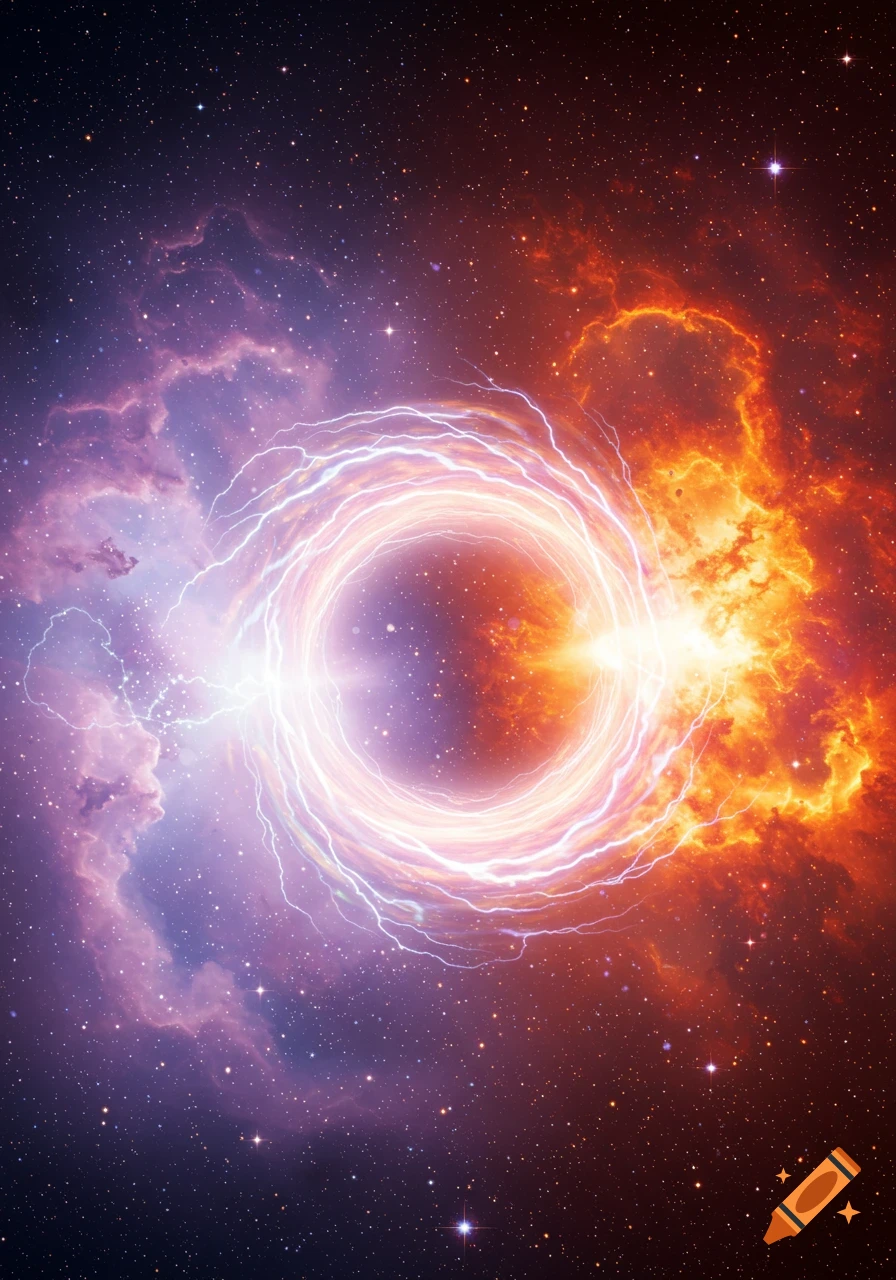 A vibrant cosmic wormhole, glowing intensely, surrounded by purple and orange nebulae and stars.