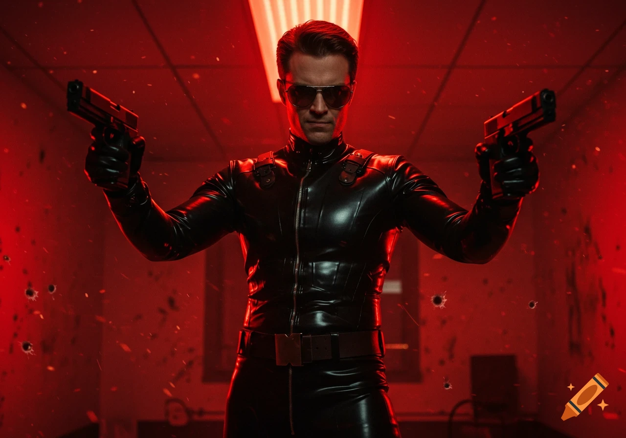 A man in a black leather suit and sunglasses holds two handguns in a dark red-lit room with bullet holes.
