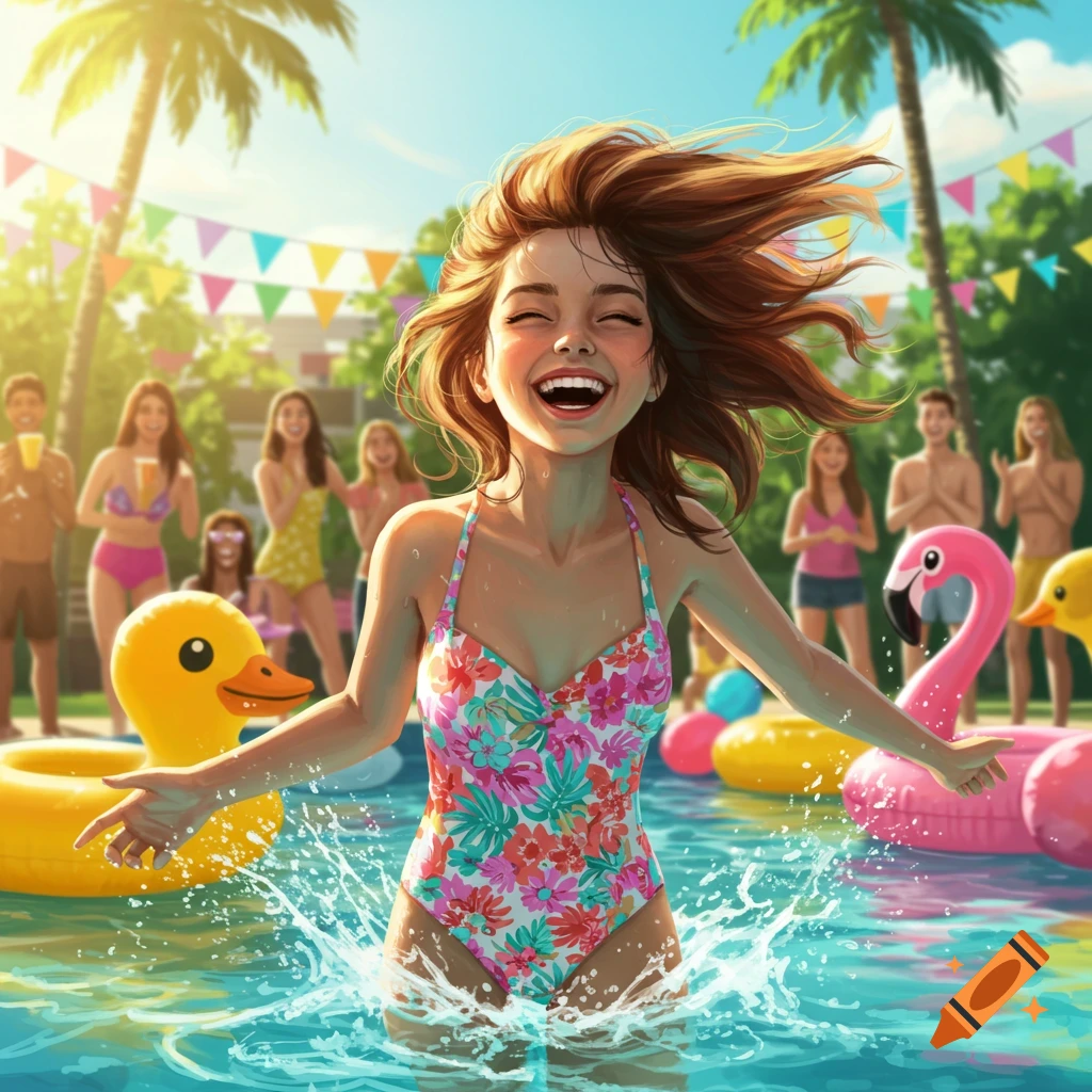 Happy young woman in a floral swimsuit splashes in a swimming pool at a sunny outdoor party with friends and inflatables.