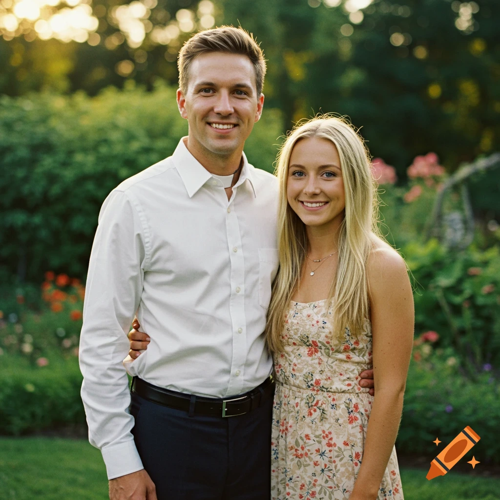A smiling young couple, a man in a white shirt and a blonde woman in a floral dress, stand in a sunlit garden.