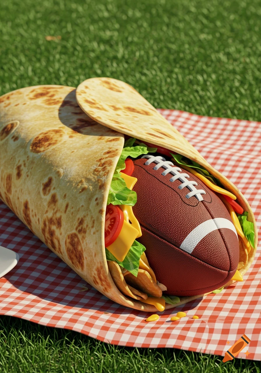 A large burrito filled with a football, lettuce, tomatoes, and cheese, rests on a red and white checkered picnic blanket on green grass. 3D render.
