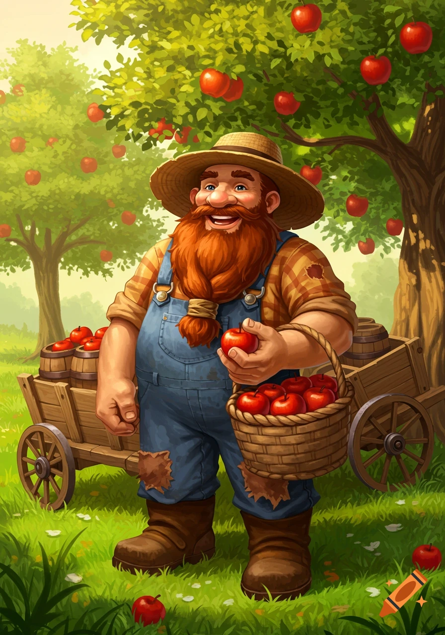 A cheerful dwarf farmer with a braided beard, wearing overalls and a straw hat, stands in an apple orchard holding an apple and a basket, next to a cart.