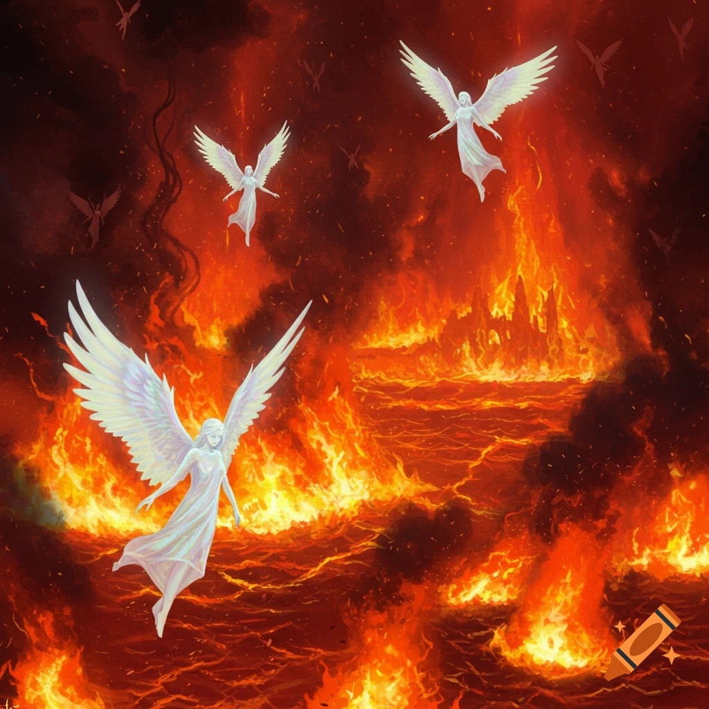 Three white-robed angels with large wings fly over a fiery landscape with lava, smoke, and a distant dark castle.