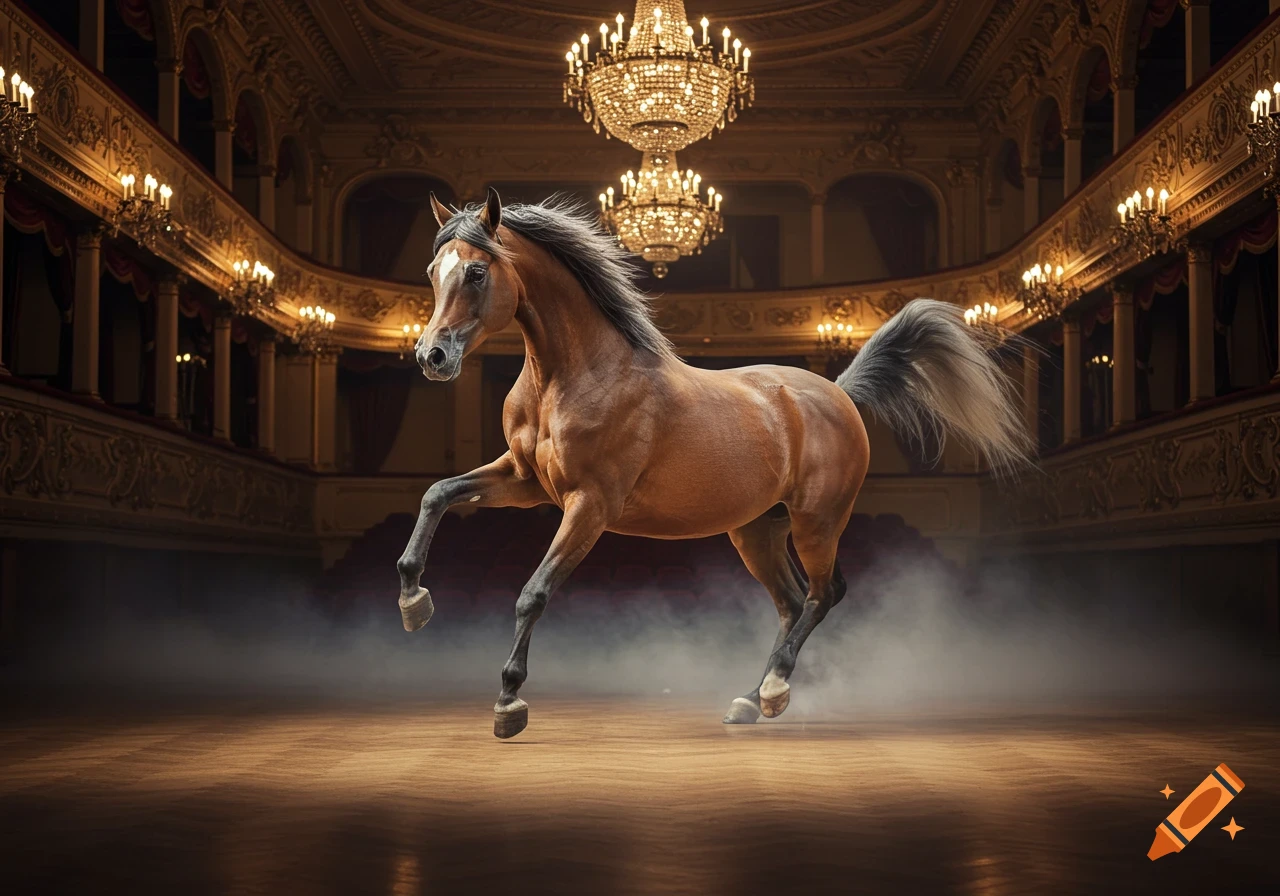 A photorealistic image of a brown horse rearing on a stage in a grand, opulent theater with chandeliers.