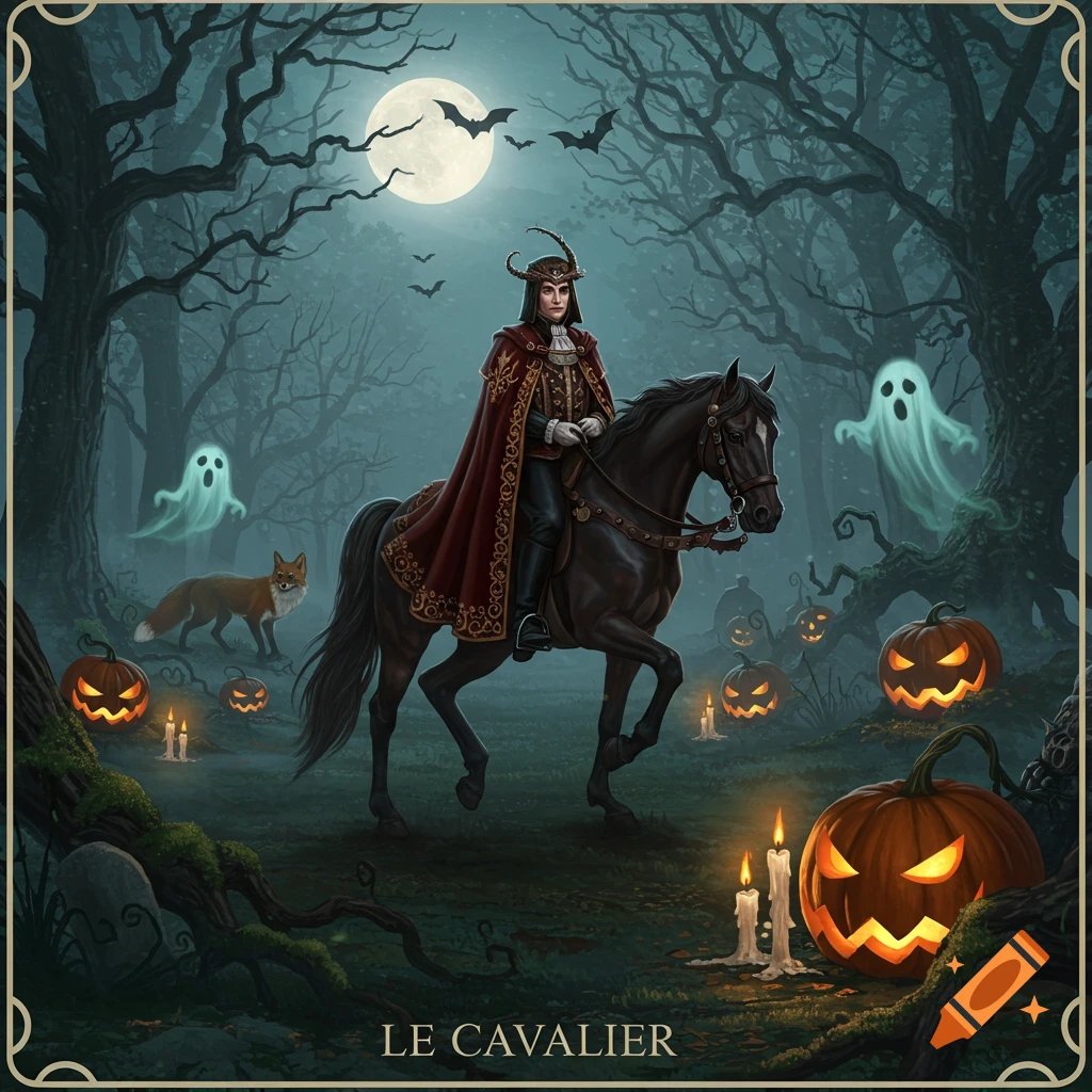 A figure in a red cloak rides a black horse through a spooky Halloween forest under a full moon, surrounded by glowing jack-o'-lanterns, ghosts, bats, and a fox. Fantasy art style.