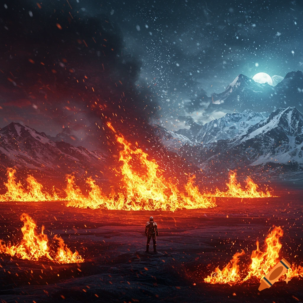 A lone figure stands on dark ground, facing a landscape split between raging fires and snowy mountains under a moonlit sky.