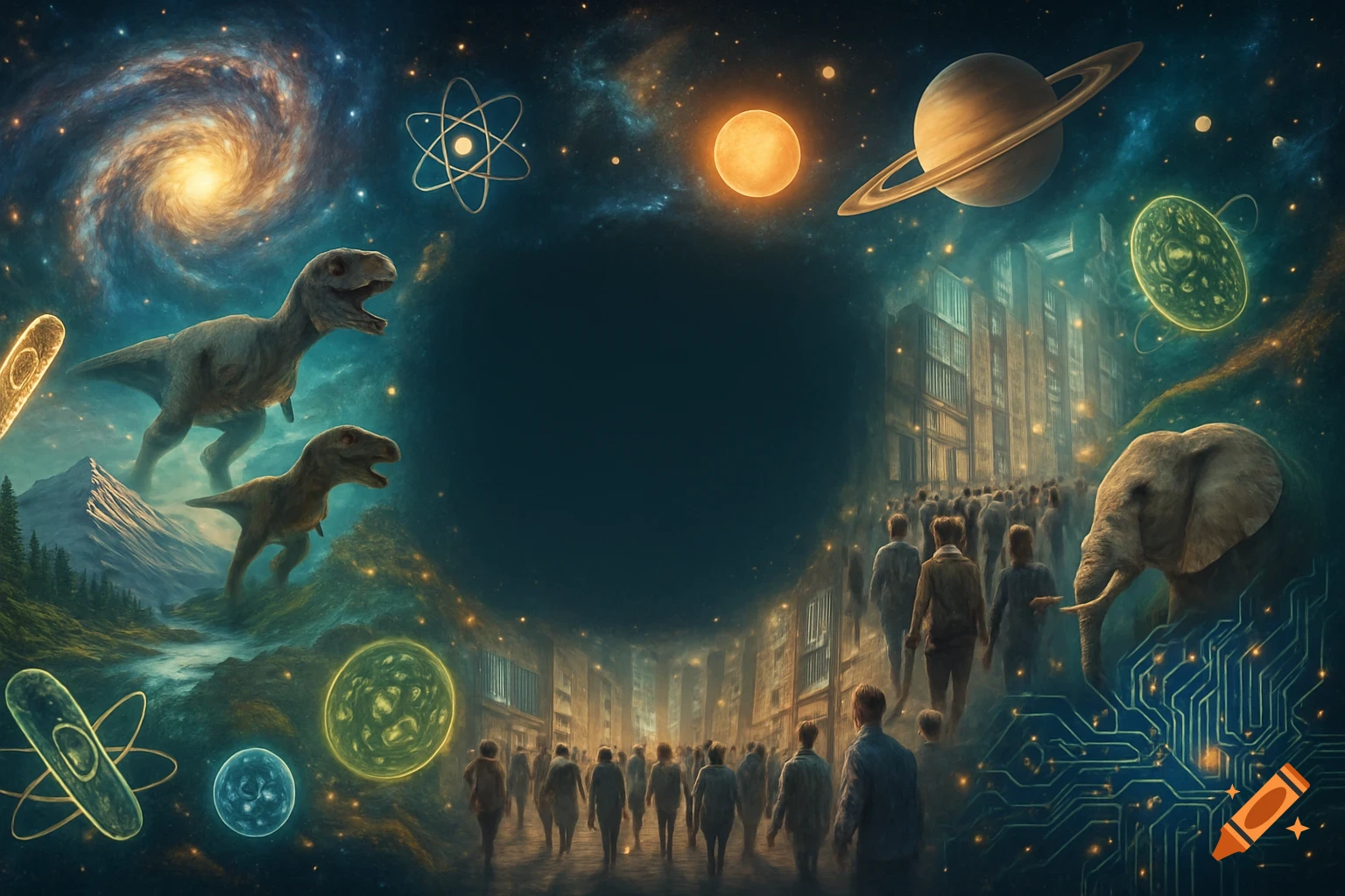 A conceptual art piece combining space, dinosaurs, cityscapes, people, an elephant, and microscopic organisms around a central dark void, representing a cinematic exploration of diverse scientific and natural elements.