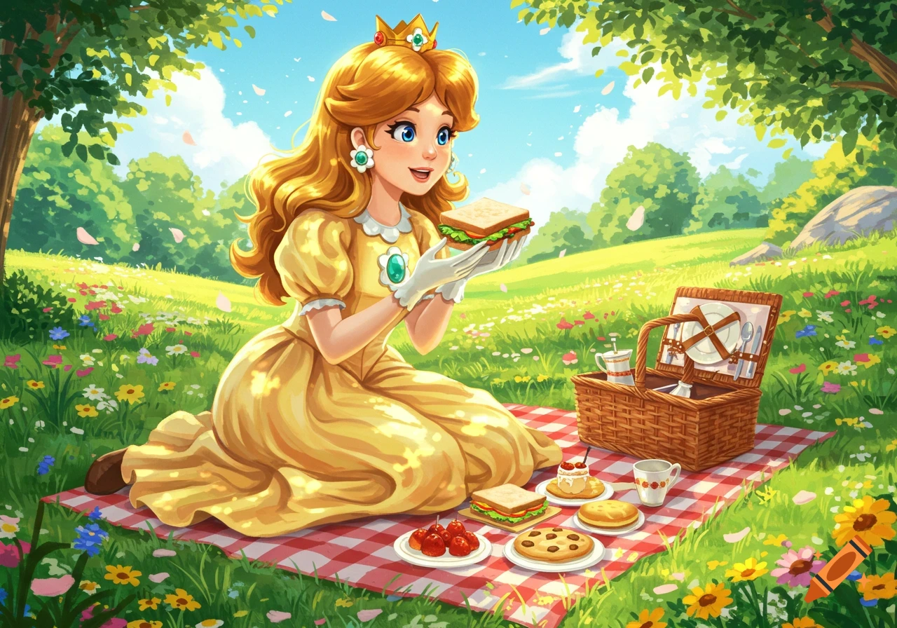 Princess Daisy, wearing a yellow dress and crown, holds a sandwich at a picnic on a red checkered blanket in a sunny, grassy field with flowers.