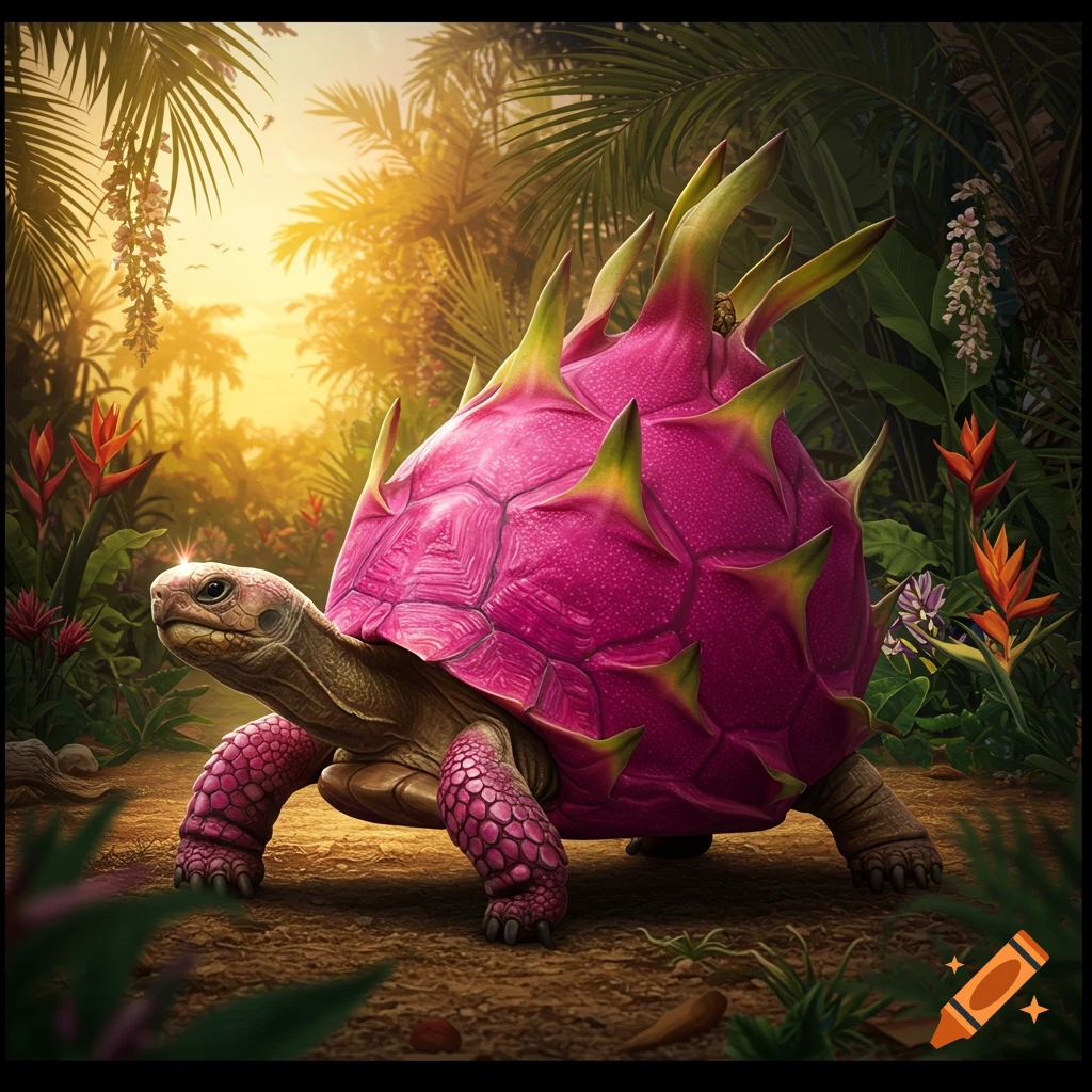 A tortoise with a vibrant pink dragon fruit shell walks on a dirt path in a lush tropical jungle at sunset.