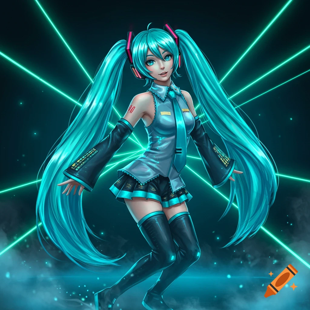 An anime character, Hatsune Miku, with long teal pigtails, wearing a grey uniform, black arm warmers, and boots, stands against a dark background with green lasers.
