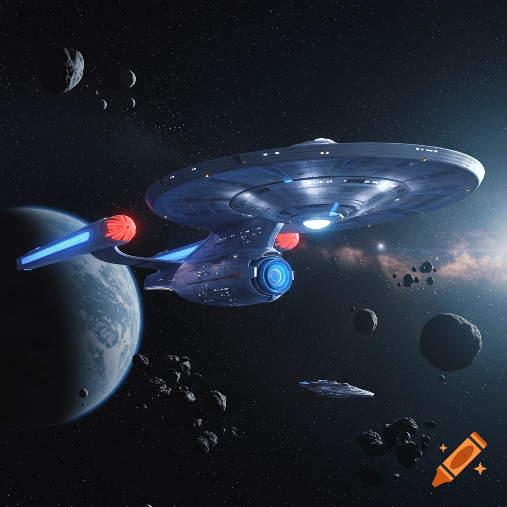 A futuristic blue spaceship, with glowing red and blue engines, flies past a planet and asteroids in deep space.