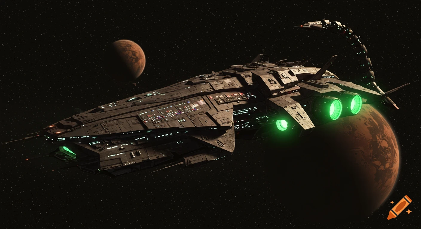 A large, dark, scorpion-like spaceship with glowing green engines and colorful windows flies past a brown planet in space, with stars scattered in the background.