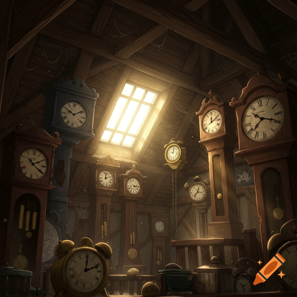 An attic cluttered with various antique clocks and grandfather clocks, lit by a bright skylight.