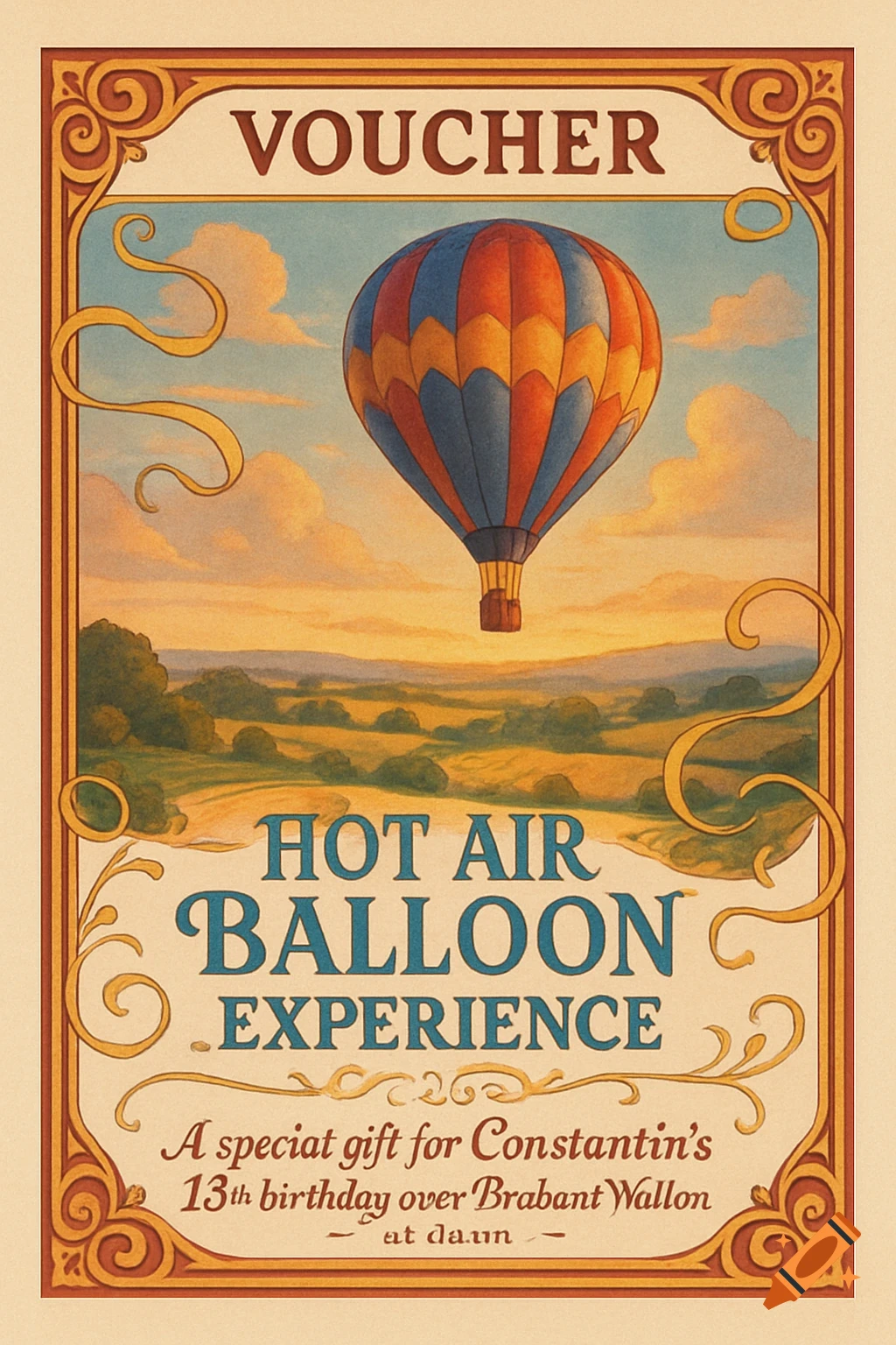 A vintage-style voucher with a hot air balloon over a pastoral landscape, framed by decorative borders, announcing a 'Hot Air Balloon Experience'.