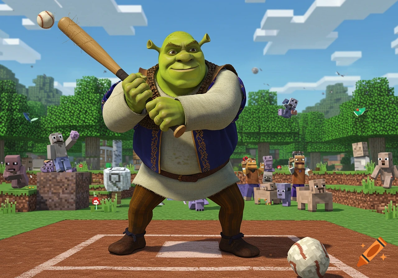Shrek swings a baseball bat on a blocky Minecraft field with pixelated mobs in the background under a blue sky.