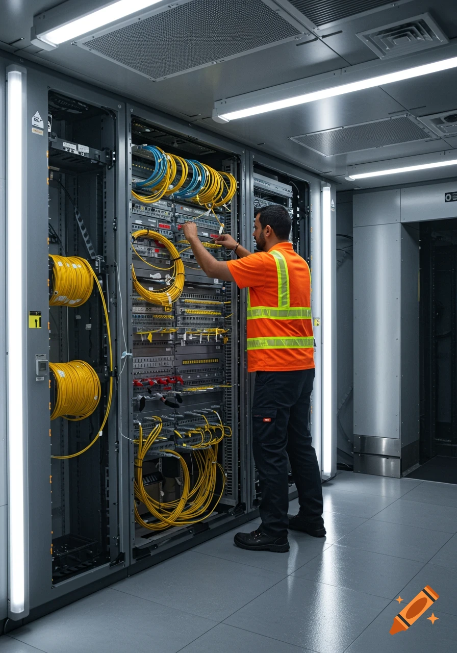 A man in an orange safety vest and black pants works with cables in a server rack, surrounded by yellow and blue wires. Photorealistic.
