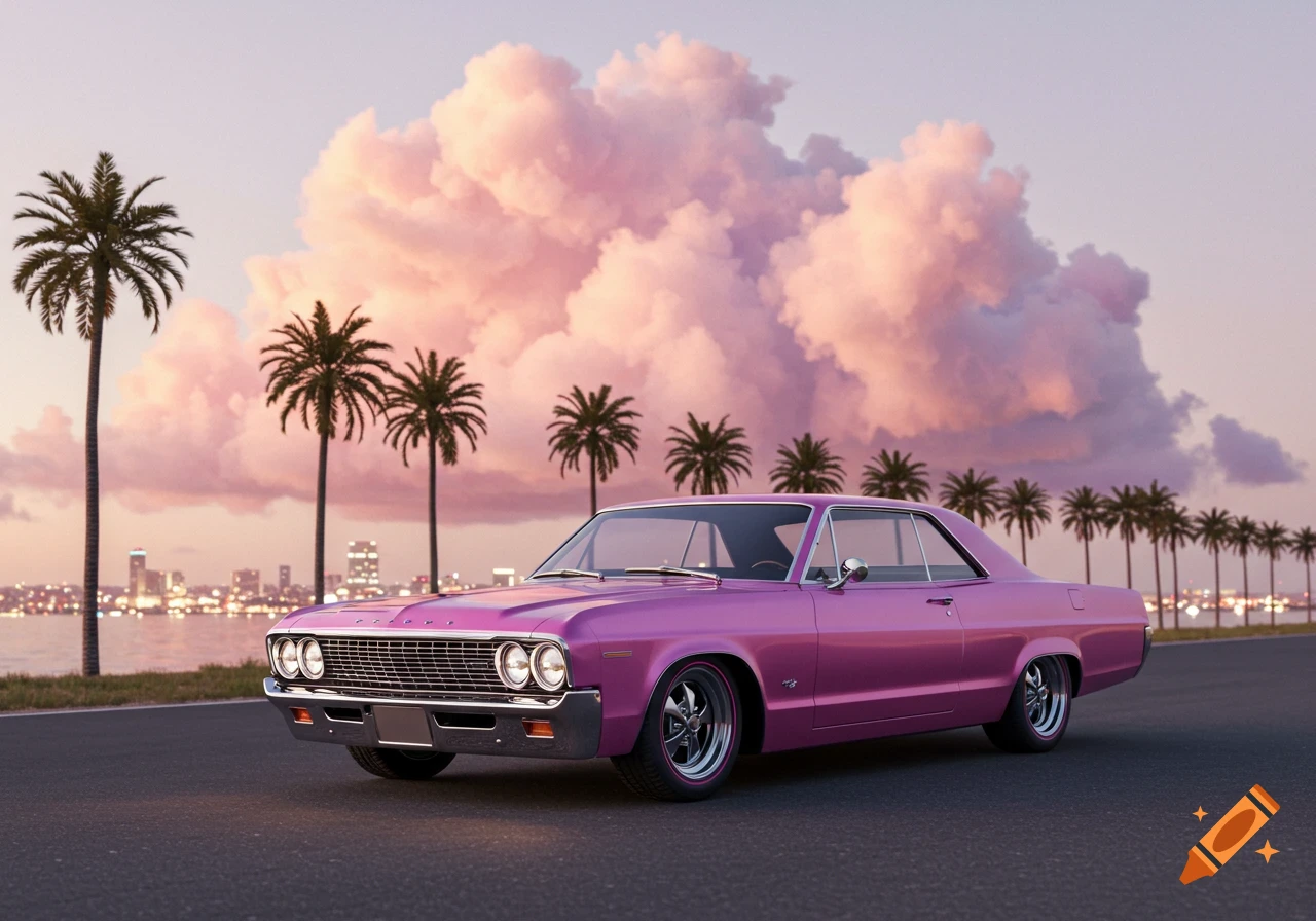A shiny pink vintage car parked on a road with palm trees, a city skyline, and large pink clouds at sunset.