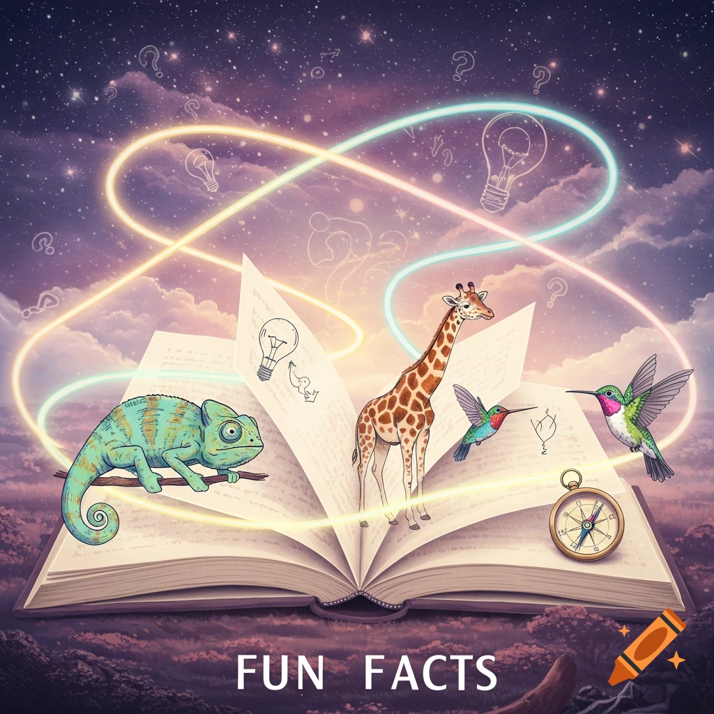 A whimsical illustration of an open book with a chameleon, giraffe, and hummingbirds emerging from pages, under a starry sky. 'FUN FACTS' text below.
