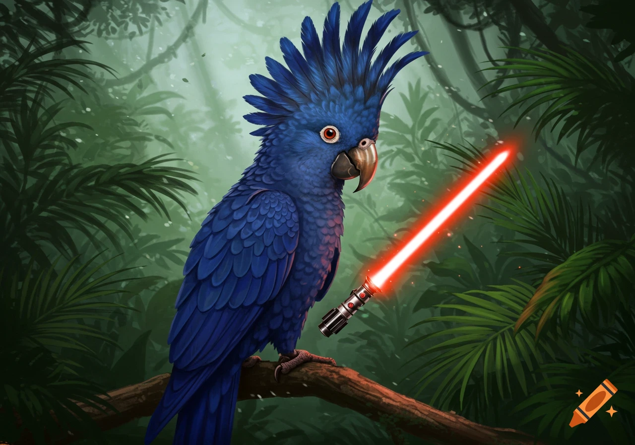 A vibrant blue parrot with large head feathers sits on a branch in a lush jungle, holding a glowing red lightsaber.
