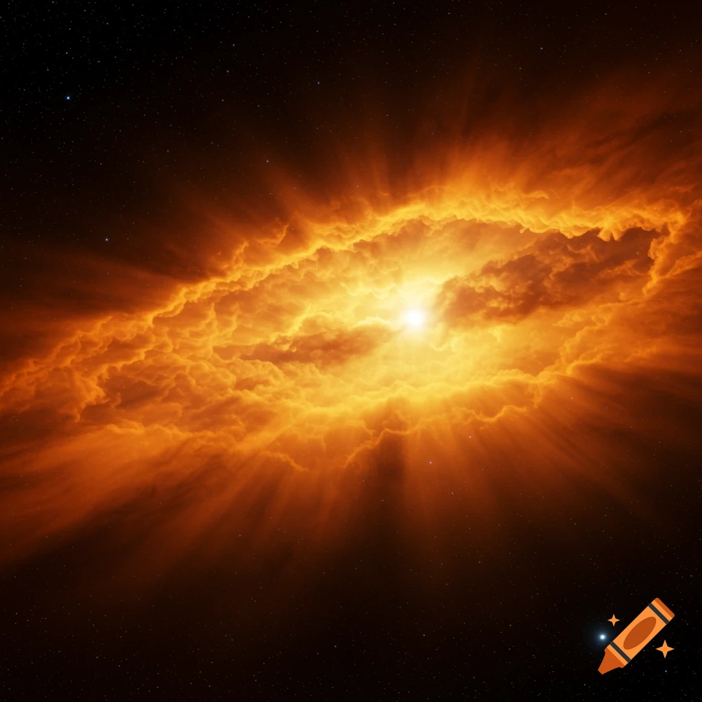A vibrant orange gas cloud with a bright central star glows in dark space, surrounded by scattered stars.