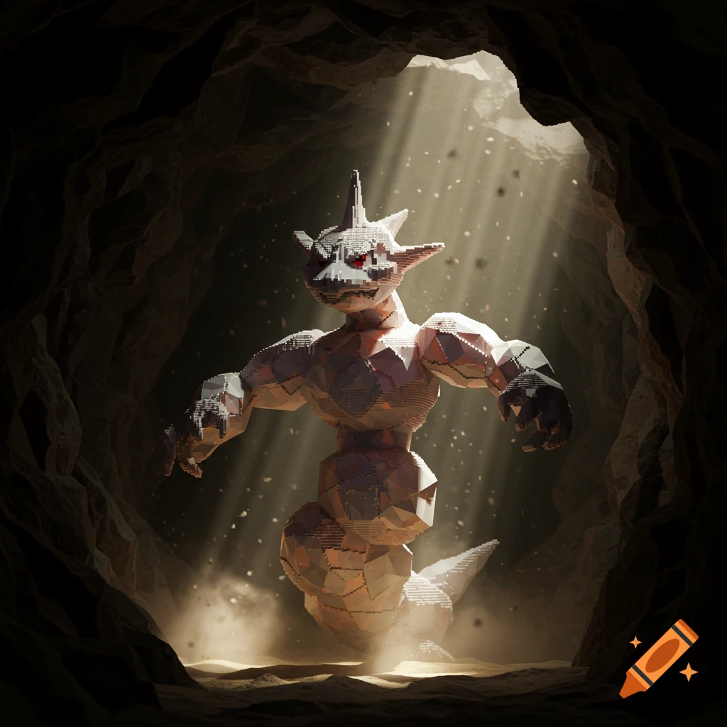 A pixelated Mega Onix stands in a dark cave, illuminated by dramatic light rays shining from above.