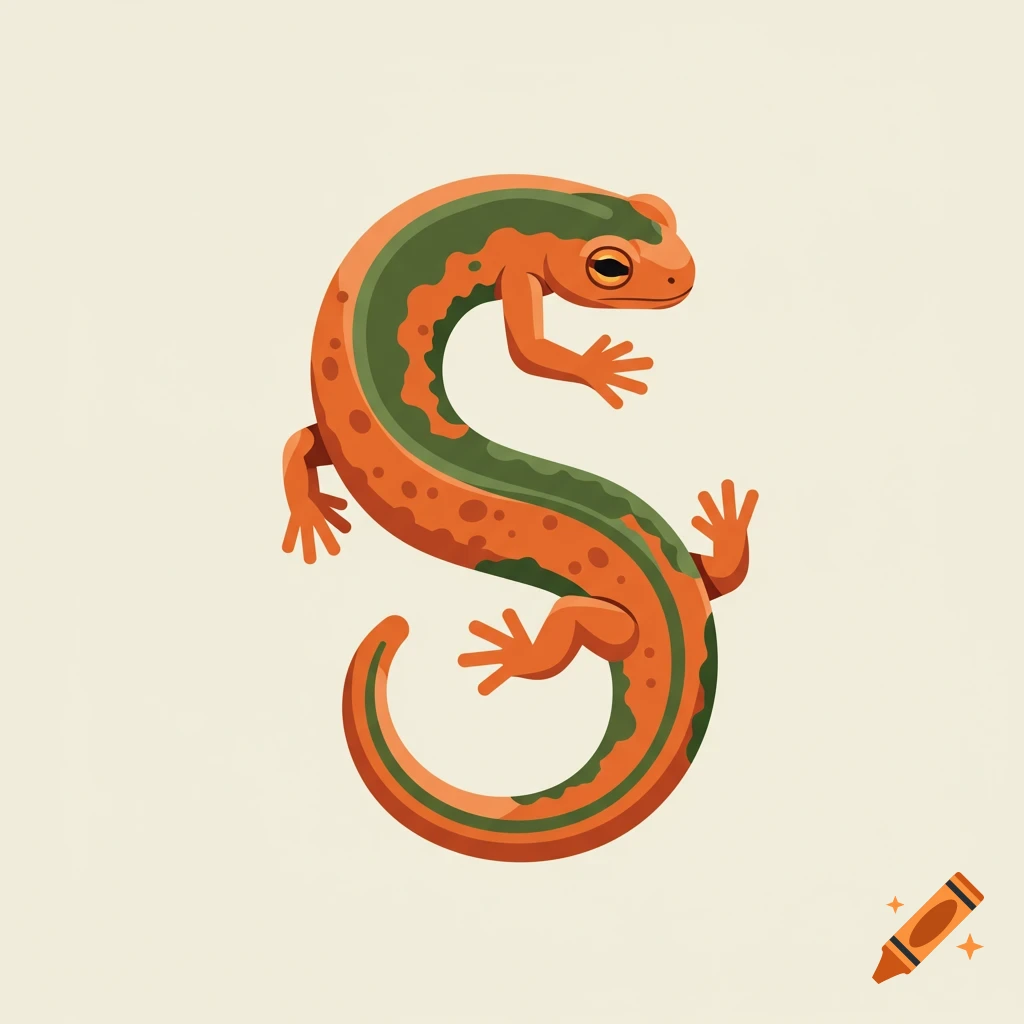 Stylized orange and green newt curled into the shape of the letter S on a plain background.