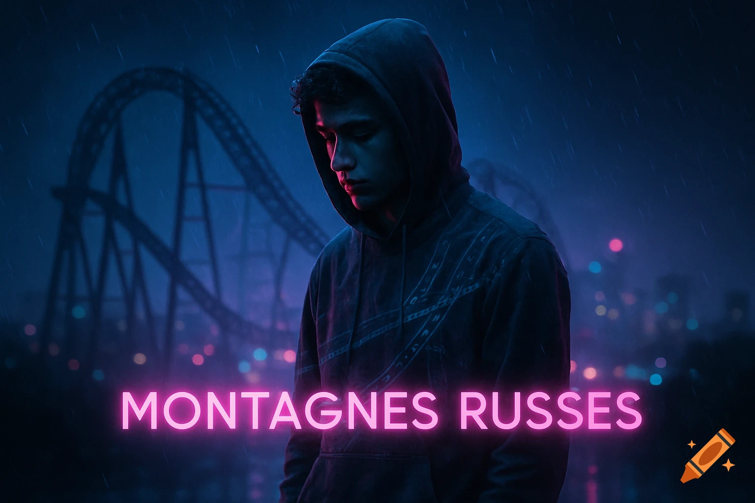 A melancholic young man in a hoodie stands in the rain at night, with blurred city lights and a roller coaster behind him, 'MONTAGNES RUSSES' glowing in neon.