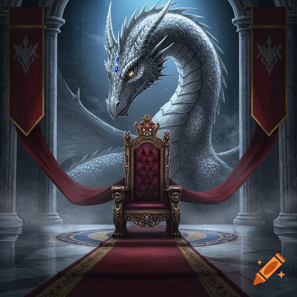 A majestic silver dragon stands behind a regal red and gold throne in a grand, pillared hall with a red carpet.