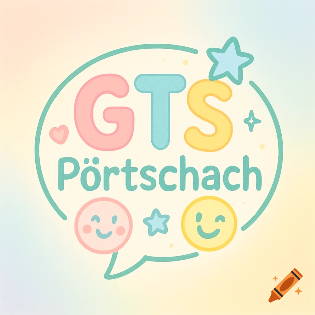 A cute, pastel-colored logo for "GTS Pörtschach" in a speech bubble, with hearts, stars, and two smiley faces.