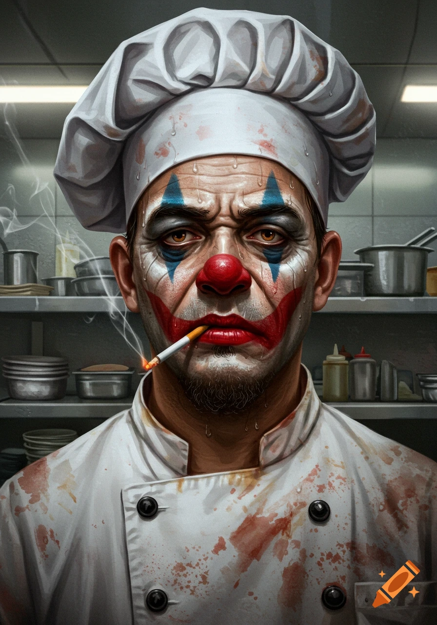 A gritty, sweat-covered chef with clown makeup and a red nose, wearing a stained white uniform, smoking a cigarette in a kitchen.