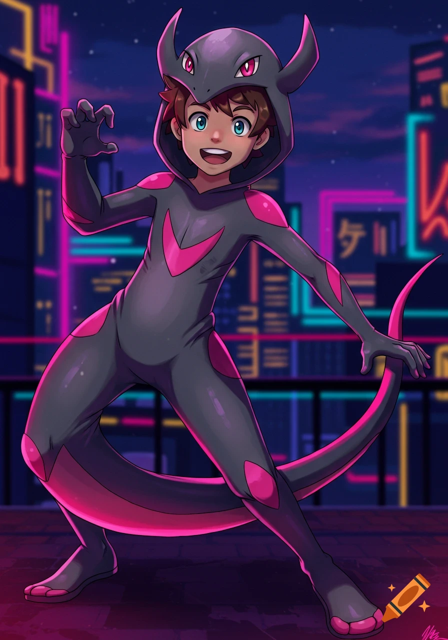 A boy in a dark gray and pink Salazzle Pokemon costume poses with claws out in a neon cyberpunk city at night, anime style.