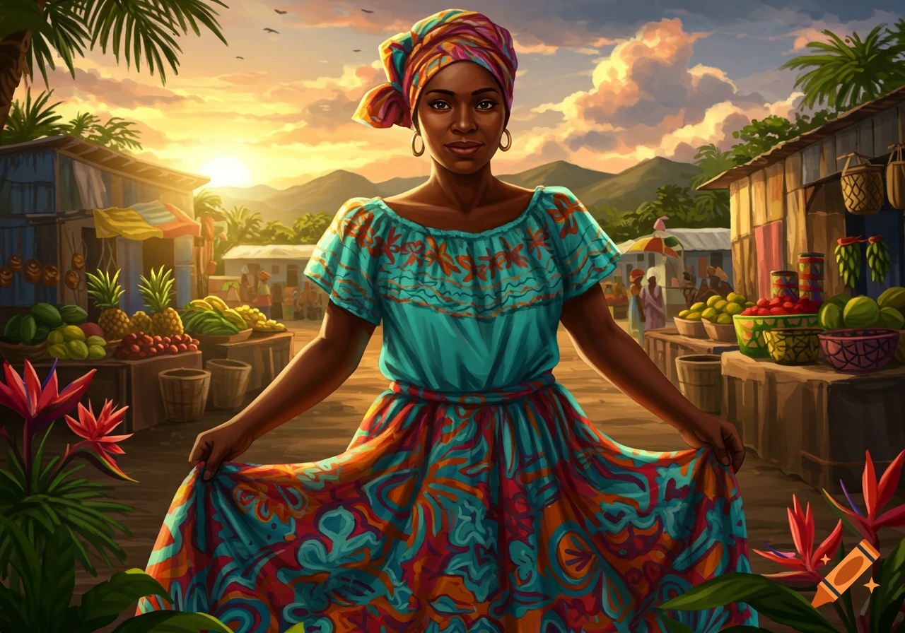 Vibrant illustration of a Black woman in a colorful dress and head wrap, holding her skirt in a bustling outdoor market at sunset.