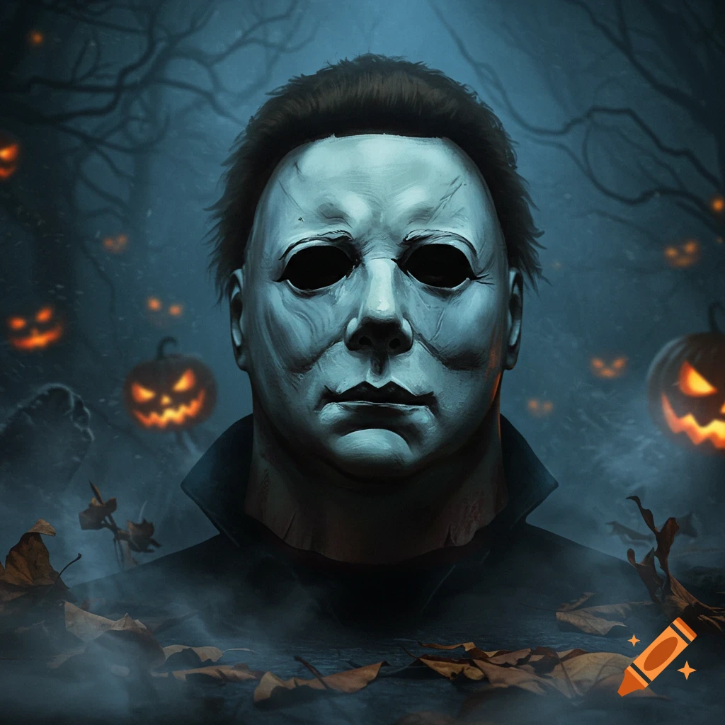 Michael Myers' mask in a dark, foggy forest with glowing jack-o'-lanterns and fallen leaves, cinematic style.