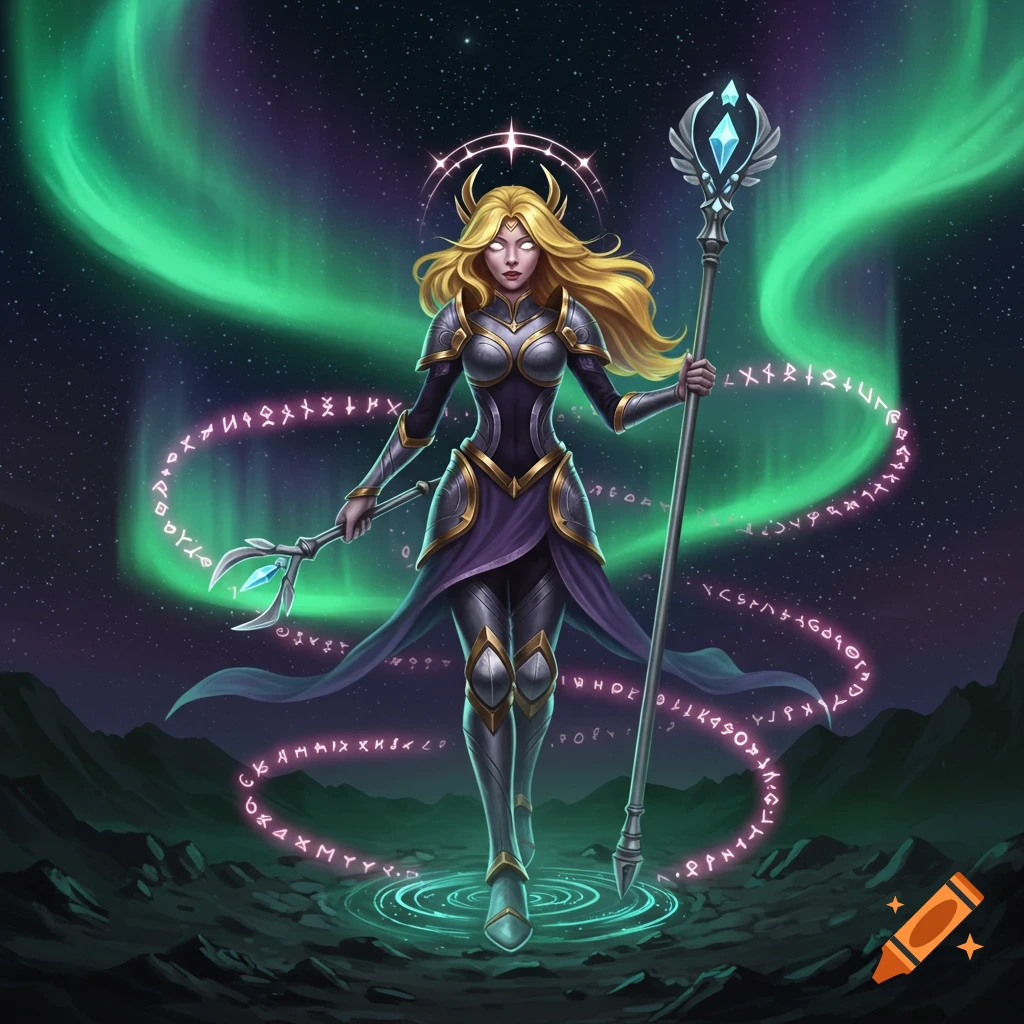 A golden-haired female fantasy warrior in armor holds two magical staves under a green aurora and glowing runes.