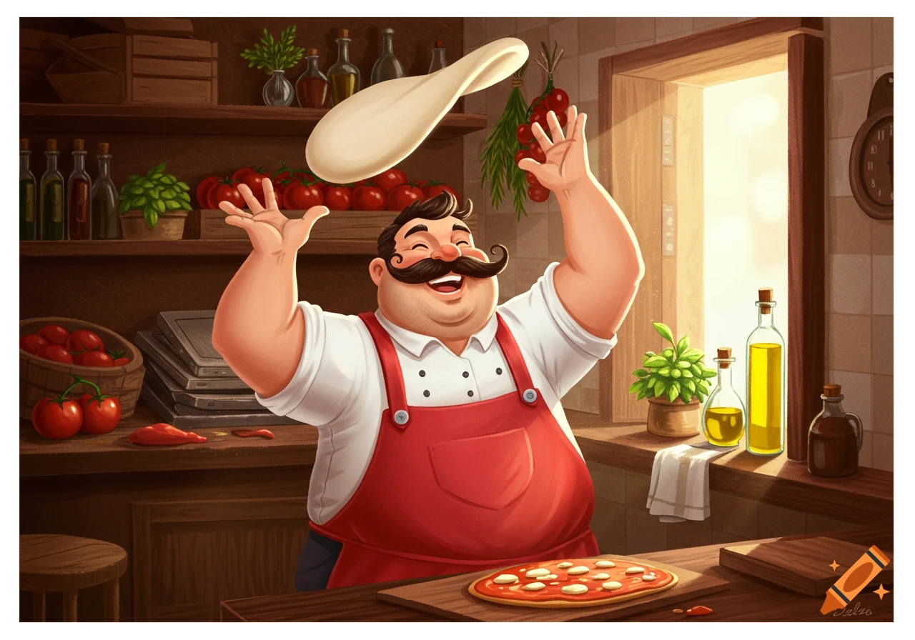 Happy cartoon Italian pizza chef with a mustache tossing dough in a rustic kitchen filled with ingredients.