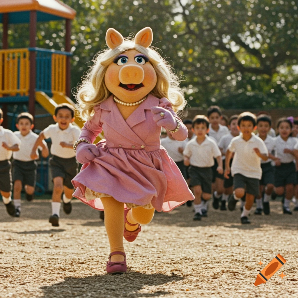 Miss Piggy in a pink dress and pearls runs from a group of children in white uniforms across a sunny playground.
