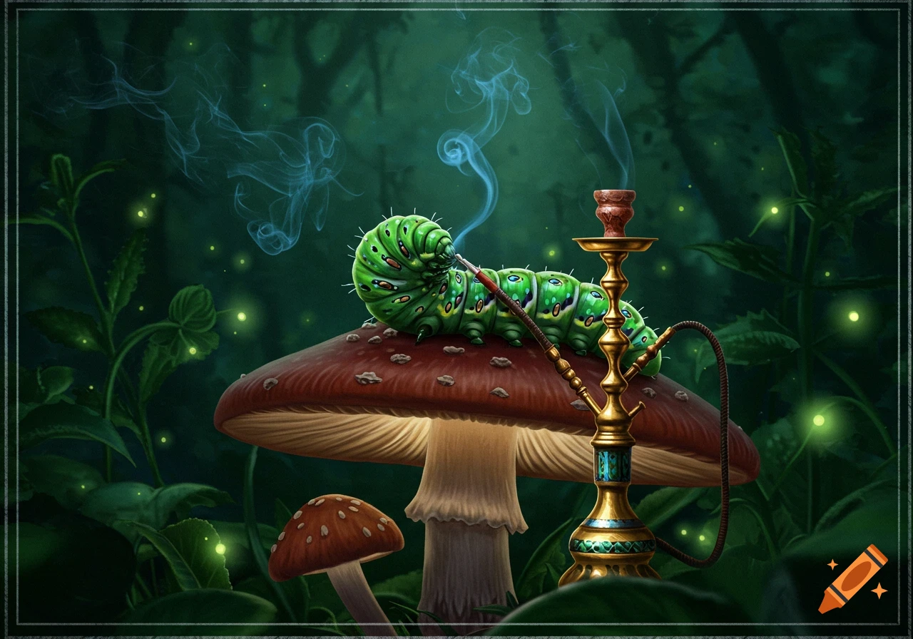 A vibrant green caterpillar with blue markings smokes a hookah on a large red mushroom in an enchanted, glowing forest.
