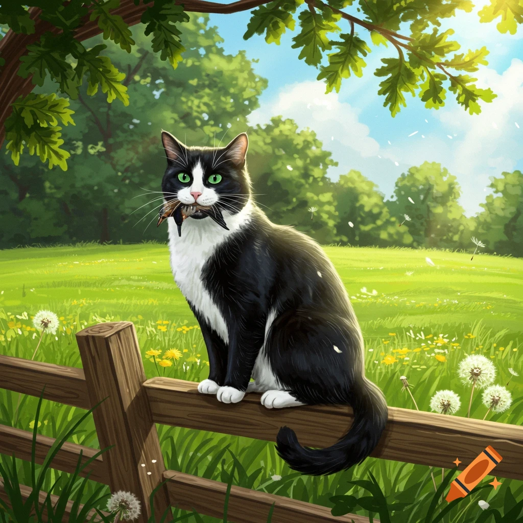 A black and white cat with bright green eyes sits on a rustic wooden fence, holding a small bird in its mouth, in a lush green meadow under a blue sky.