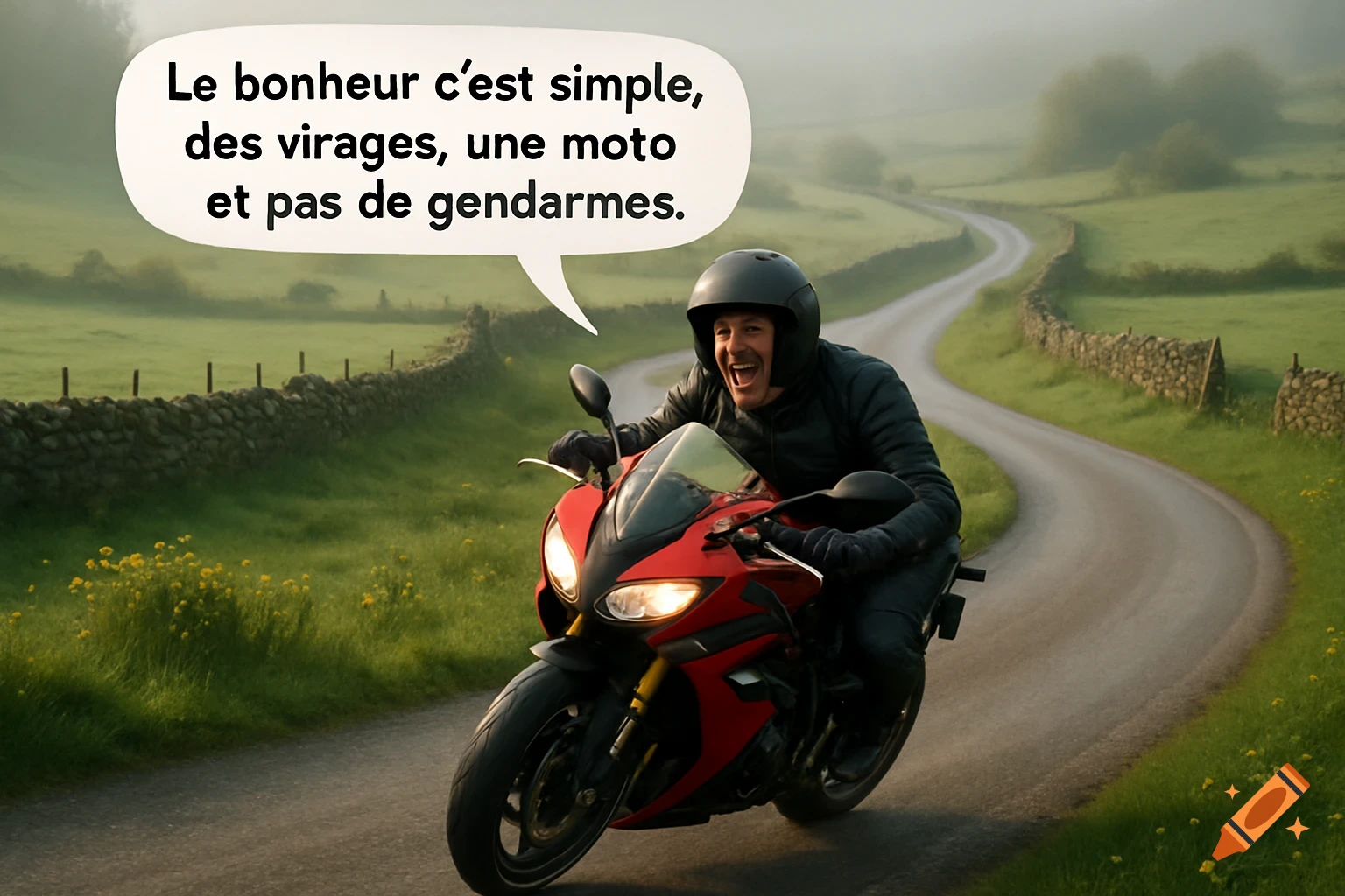 A man on a red sport motorcycle laughs while riding on a winding road through green fields with stone walls. A speech bubble above him reads, "Le bonheur c'est simple, des virages, une moto et pas de gendarmes."