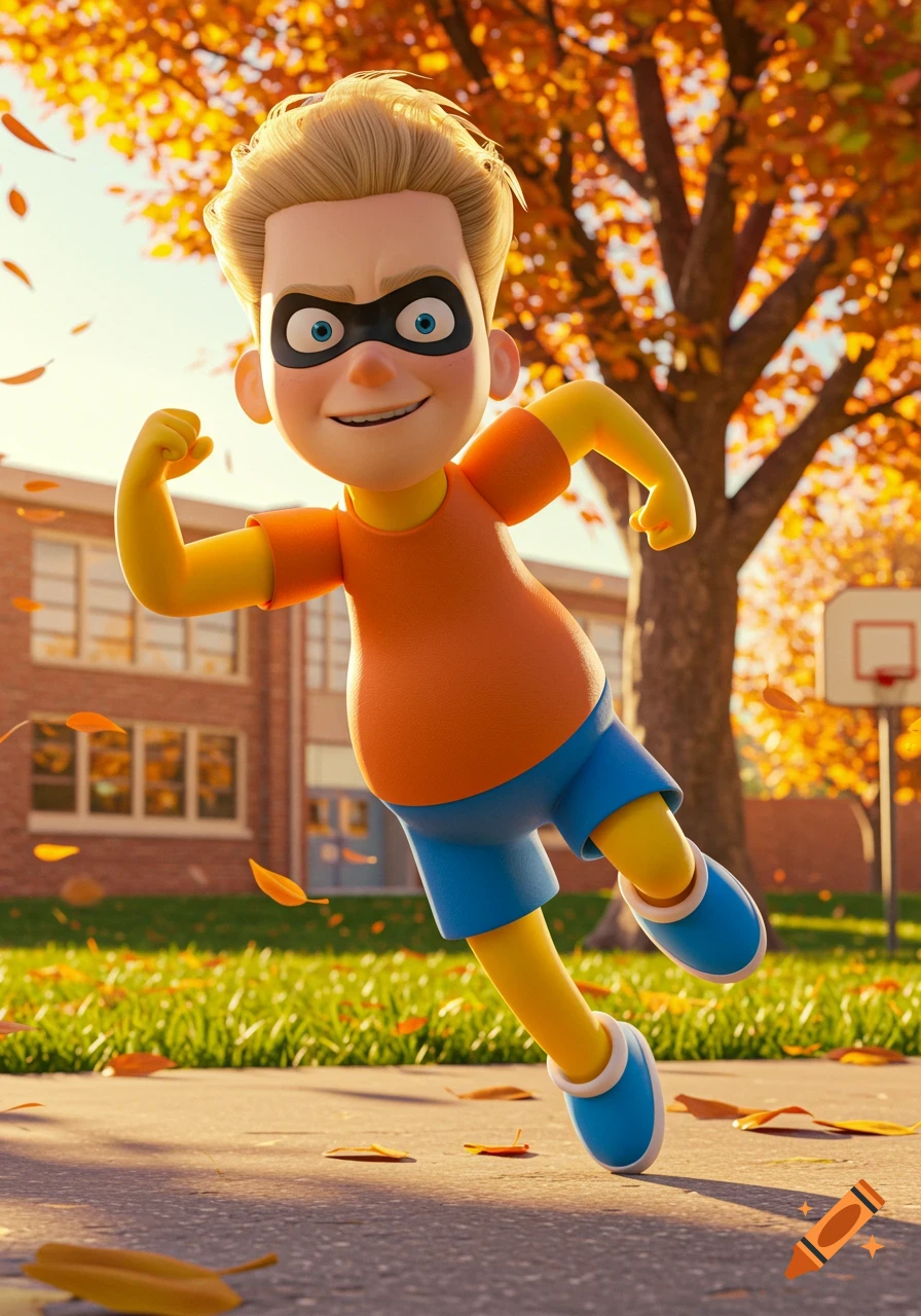3D cartoon of Dash from The Incredibles in Bart Simpson's clothes, running cheerfully outside a school amidst falling autumn leaves.