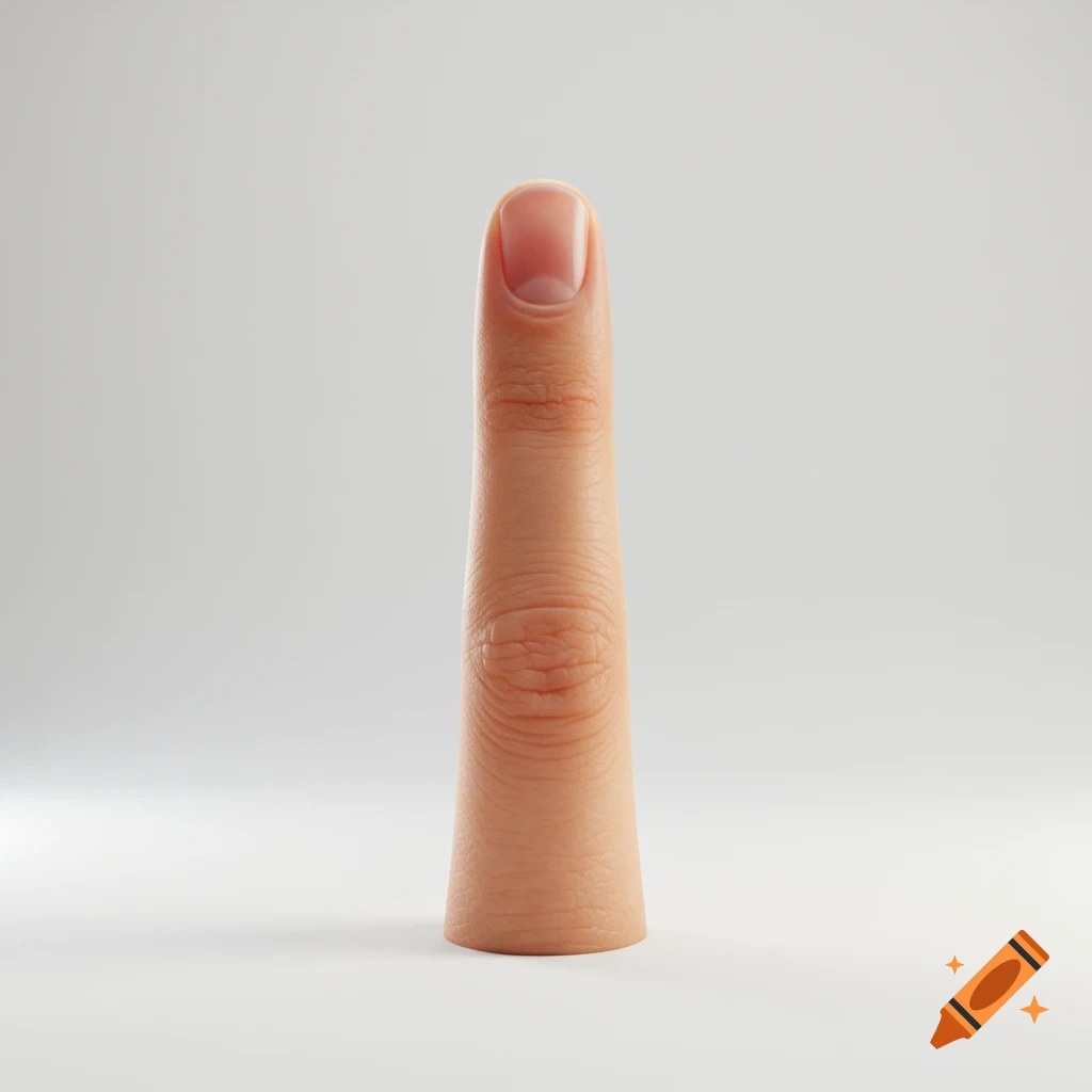 A single, realistic human finger stands upright on a light gray surface with a light gray background.