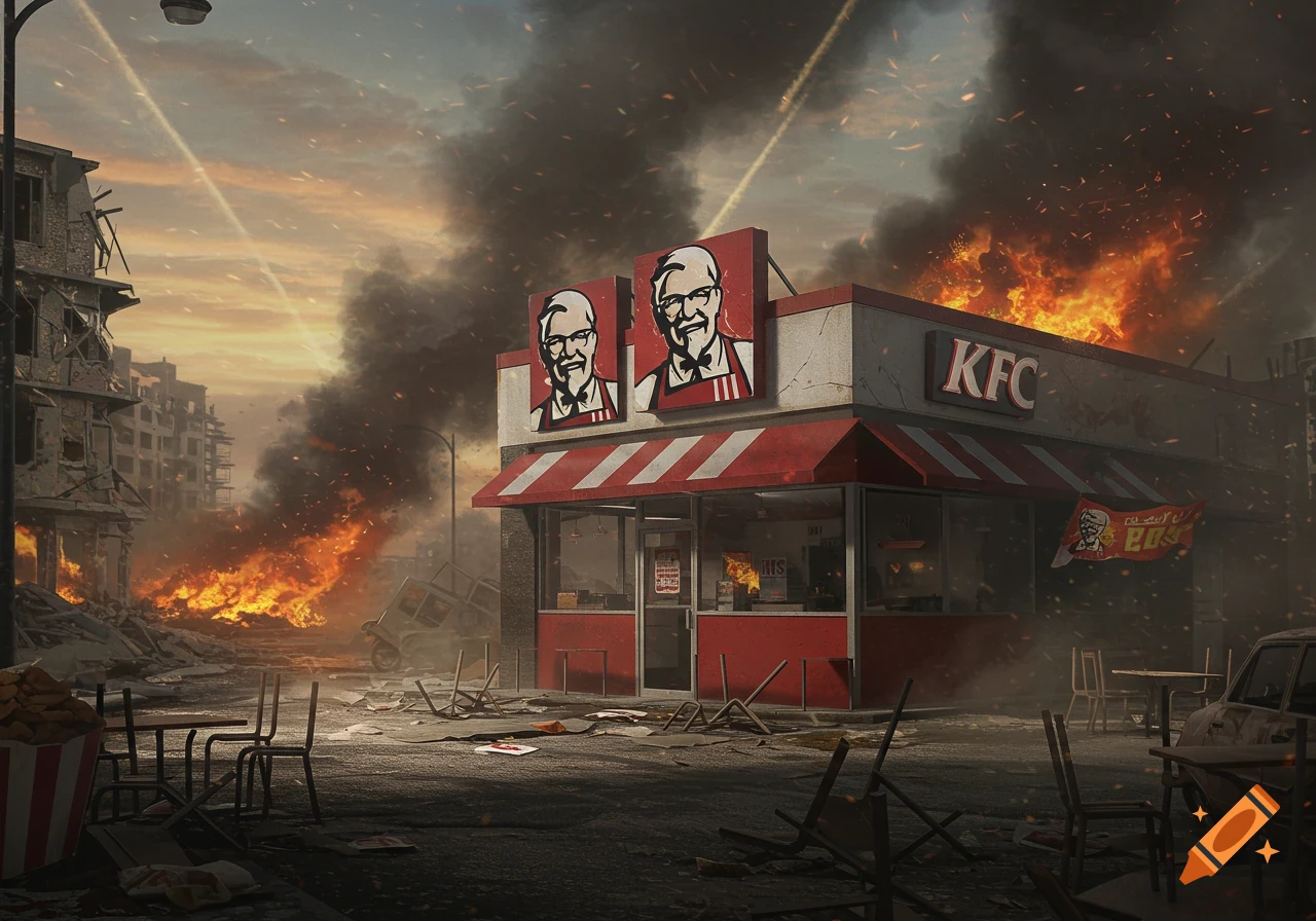A desolate, war-torn city street with a burning KFC restaurant and destroyed buildings under a smoky sky.