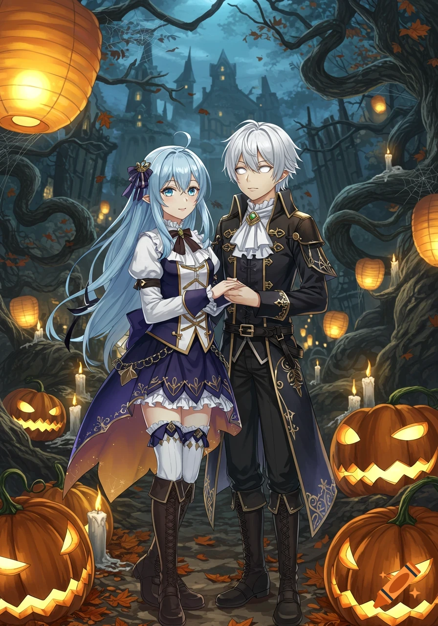 An anime couple in medieval fantasy outfits hold hands in a Halloween scene with jack-o'-lanterns, lanterns, and a spooky castle.