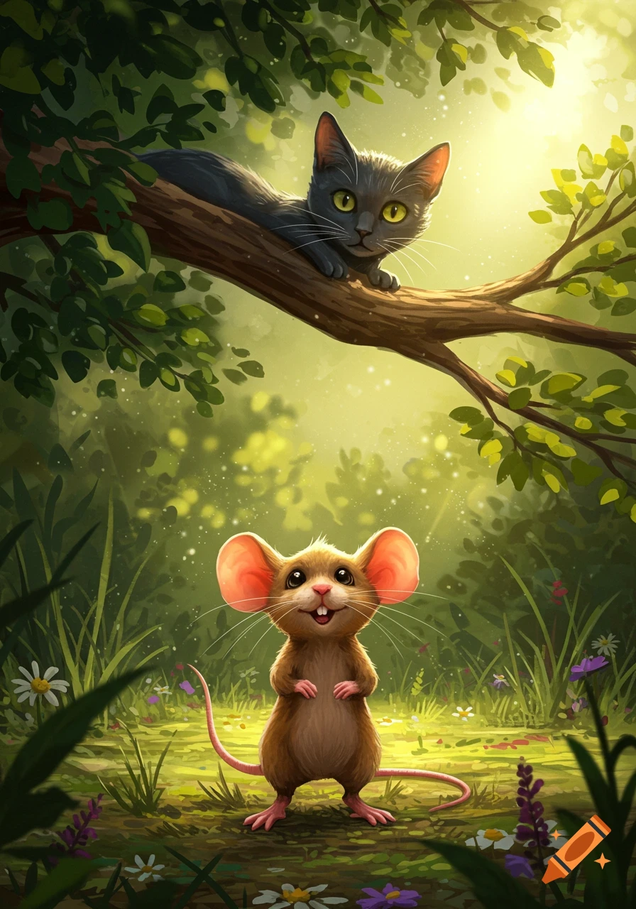A cartoon gray cat on a tree branch peers down at a smiling brown mouse standing on the forest floor, in a brightly lit, whimsical illustration.