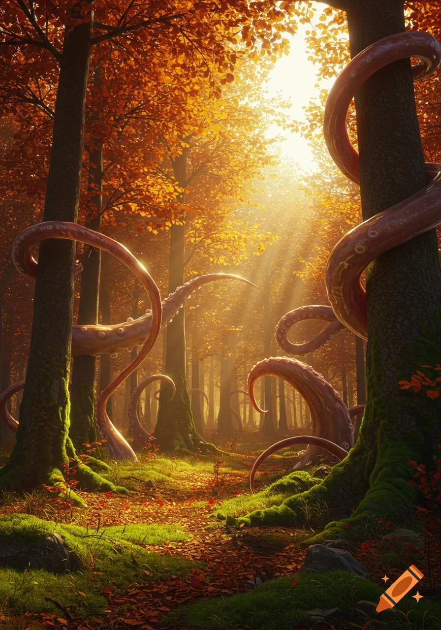 Vibrant autumn forest with sunlight illuminating golden leaves and large, sinuous tentacles wrapped around tree trunks.