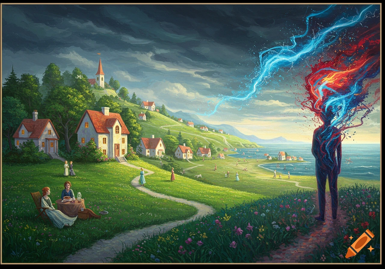 A surreal painting of a peaceful village and coastline under a dramatic sky, with a figure on the right transforming into blue and red energy.