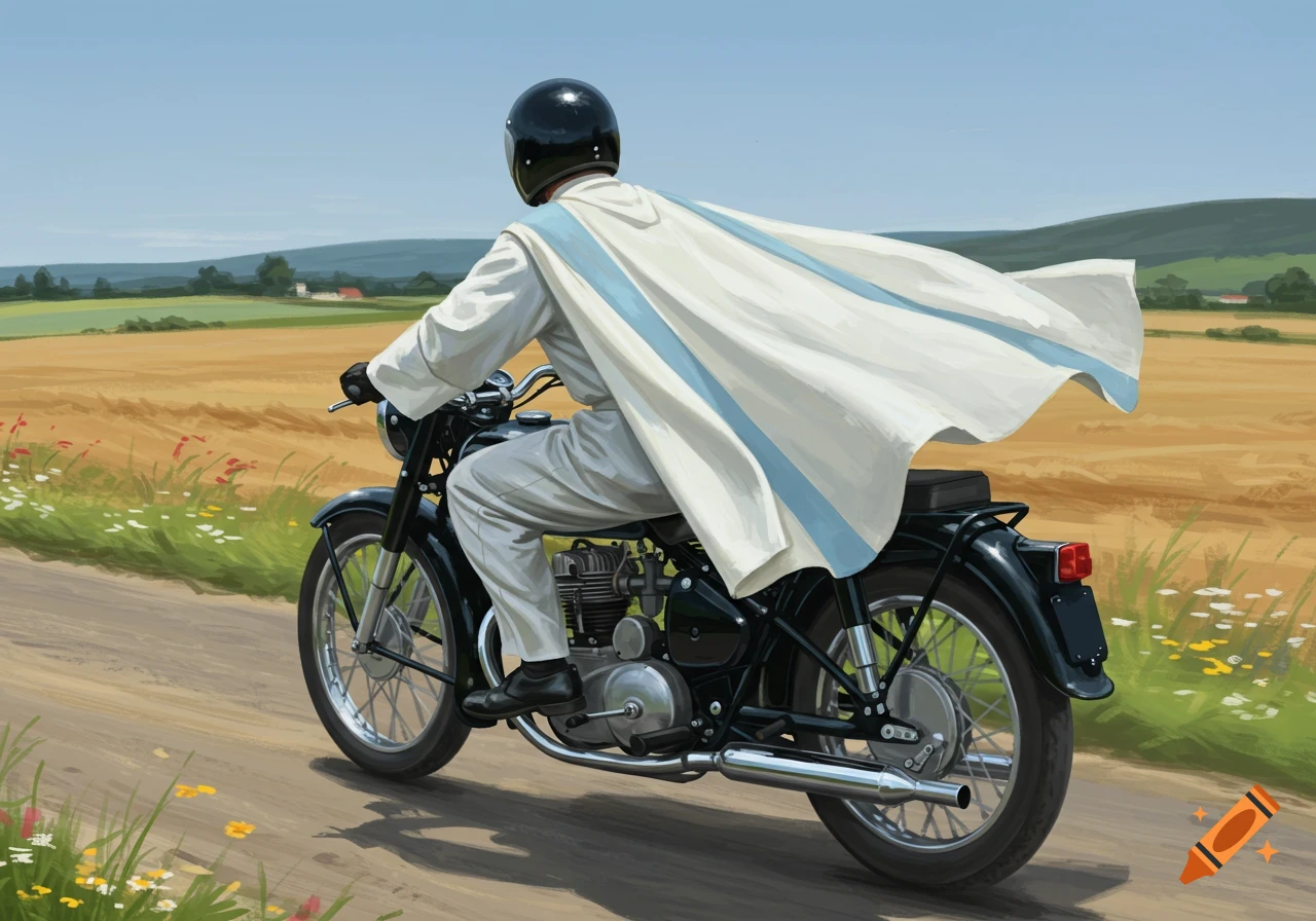 Painted view of a person in white vestments and a black helmet riding a black motorcycle on a country road, a cape flowing behind.