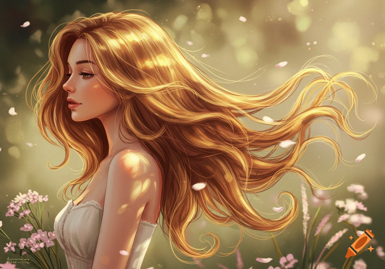 A beautiful woman with long flowing blonde hair in a white dress, surrounded by pink flowers, in an ethereal digital art style.