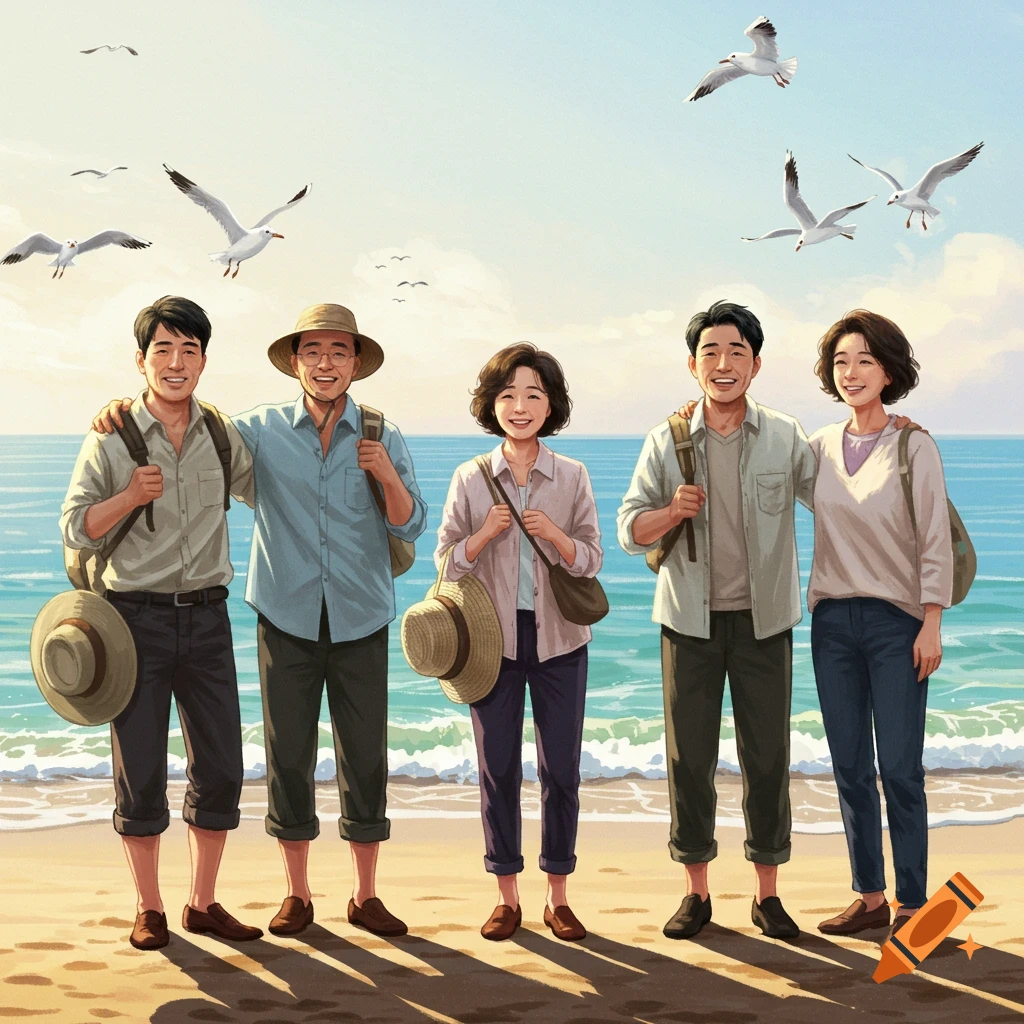 Five smiling Korean adults, three men and two women, stand on a sandy beach by the ocean with backpacks and hats, while seagulls fly above in an illustrative style.